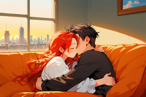 score_9, score_8_up, score_7_up, score_6_up, score_5_up, score_4_up,

1girl (red hair), long_hair, hug, 1boy (black hair), a very handsome man, boy and girl lying on the orange couch, inside of department, boy hugs the girl from behind, covered with a brown blanket, eyes closed, smiling, hetero, black clothes, image far from here, crepusculo_sky(picture window) sun, sky, long_sleeves, perfect hands, cityscape, jaeggernawt,girlnohead