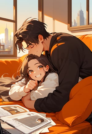 score_9, score_8_up, score_7_up, score_6_up, score_5_up, score_4_up,

1boy (black hair), a very handsome man, boy and girl (red long hair) lying on the orange couch, inside of department, boy hugs the girl from behind, covered with a brown blanket, eyes closed, smiling,brown coffe table (brown)in front with many papers and a laptop on thr table, hetero, black clothes,brown_hair, image far from here, crepusculo_sky(picture window) sun, sky, long_sleeves, perfect hands, cityscape, jaeggernawt,girlnohead