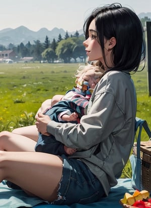 Iofi a 19 year old girl and a baby-boy(black hair) at a picnic on a beautiful day, blonde long hair girl, happy girl,