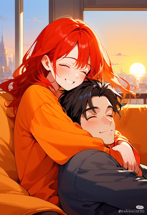 score_9, score_8_up, score_7_up, score_6_up, score_5_up, score_4_up,

1girl (red hair), long_hair, hug, 1boy (black hair), a very handsome man, boy and girl lying on the orange couch, inside of department, boy the boy is on top of the girl, sexy face, girl's shirt raised a little, blushing, eyes closed, smiling, hetero, black clothes, image far from here, crepusculo_sky(picture window) sun, sky, long_sleeves, perfect hands, cityscape, jaeggernawt,girlnohead
