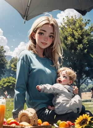 Iofi a 19 year old girl and a baby-boy at a picnic on a beautiful day, blonde long hair girl, happy girl,