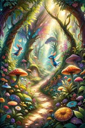 A joyful, vibrant landscape filled with whimsical creatures and enchanting flora, reminiscent of a fairy tale. Adorable, friendly creatures frolic among the colorful, shimmering plants, their laughter echoing through the magical forest. Sunlight filters through the canopy, casting a warm, inviting glow across the scene, creating a sense of wonder and happiness.