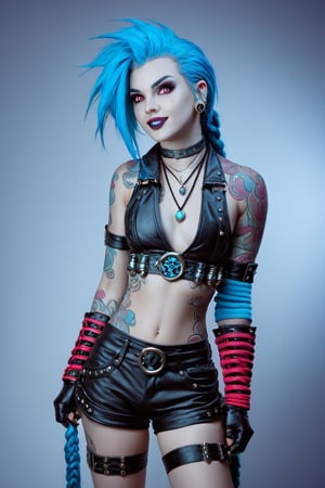 jinx, alluring,illustrative art,
twin braids,small breasts,single elbow glove,short shorts,necklace,fingerless gloves,tattoo,cloud_tattoo,arm_tattoo,jinx,better photography