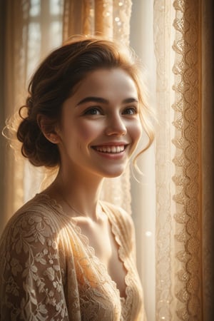 Cinematic film still of a woman with a radiant smile, her face illuminated by a soft, golden light filtering through a lace curtain, creating a delicate, patterned glow. The shallow depth of field and dreamy bokeh effect emphasize her joyful expression, while the gentle vignette adds a touch of warmth. The highly detailed, high-budget production captures the essence of happiness and beauty, with a subtle film grain adding a nostalgic, romantic feel to the epic and gorgeous cinemascope composition,