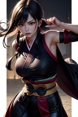 8k , realistic, dressed body exposed, female version of Matsuri Kazamaki from ayakashi triangle , wearing Japanese kimono black , martial artist physique, strong slim body, embarrassed expression on face , fighting stance 