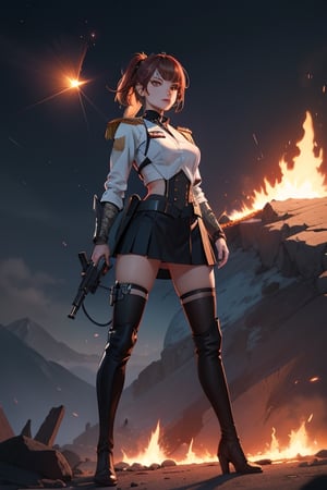 4k,tanned girl,pretty face, military_uniform,laser gun,futuristic armor, tied_hair,legs exposed,thighhigh_boots ,metalic skirt ,standing on top of mountain, burning ground , nightime 