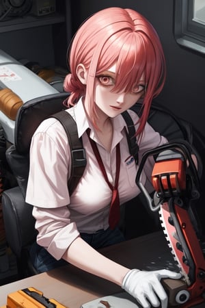 4k , makima ,chainsaw_man,pinkish-red hair ,hair_tied,