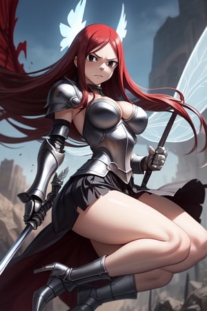 4k, erza scarlet,transparent,pretty face,fairy tail,mini dress amour,shiny dress,warrior,spears,metal wings, metal breast plate ,brown leather skirt , anxious expression,long legs,dense hair,windy,longhair, knight armor shoe,thigh armor ,