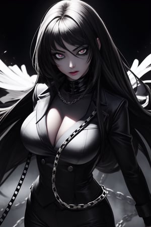 4k, tall girl ,black long hair , chains magic control, realistic,metal  weapons,officie black trouser ,white blazer (module),beautiful face, black eyes , thick eyebrows, hair_tied,black aura,flying,glowing eyes