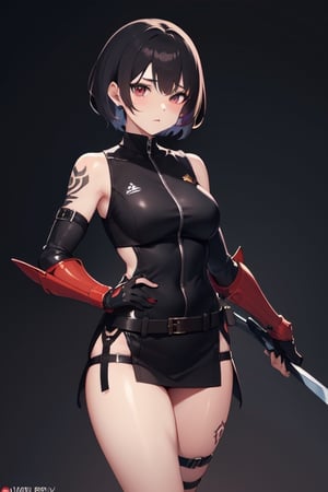 4k ,tall girl ,tom_boy,assassin armour mini skirt,tight vest leather brown, oily shiny body, dark skin,short hair black , hidden blade in thigh, legs tattoo ,pretty face