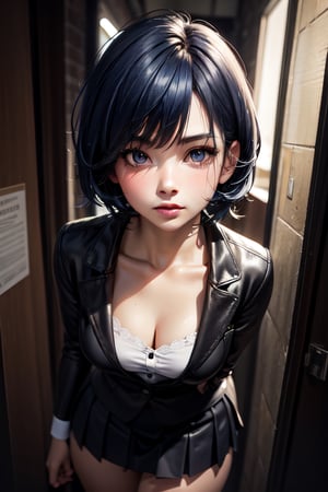 8k, realistic,short blue hair girl, black eyes, medium breasts, slim-thick figure,school_uniforms, pretty face, symmetrical face, symmetrical lips, small nose, diffrent eye colour , stylish leather skirt 