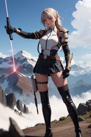 4k,tanned girl,, military_uniform,laser gun,futuristic armor, tied_hair,legs exposed,thighhigh_boots ,metalic skirt ,standing on top of mountain, 