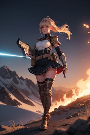 4k,tanned girl,pretty face,same eye size, military_uniform,laser gun,futuristic armor, tied_hair,legs exposed,thighhigh_boots ,metalic skirt ,standing on top of mountain, burning ground , nightime , battlefeild ,shooting with gun,sweating