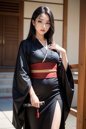 "Imagine a mature female character, around 40 years old, who draws inspiration from Tanjiro Kamado from Demon Slayer. She wears a sleek, black mini kimono, which exudes an aura of stealth and readiness for battle. A katana sword is holstered around her waist, a symbol of her warrior spirit. Her body, mature and well-toned, reflects her years of training and experience. With long, flowing black hair, she stands as a symbol of elegance and strength. Her kimono, while traditional, has subtle yet stylish elements that hint at her modernity and adaptability. She exudes confidence and poise, with a demeanor that commands respect, and her determination shines through her eyes. She possesses developed assets, which contribute to her formidable presence. Feel free to draw inspiration from her character and add your unique touches to create a captivating image."