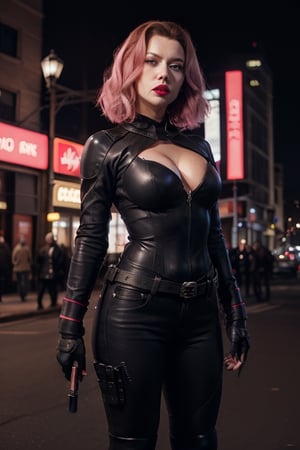 8k,  tall girl, beautiful face,innocent face ,black widow, black leather_clothes , leather breastplate, leather jeans, heel boots,gun in thigh, grenade in hand,night background, baby pink lip colour,thin lips, black eye, symmetrical face,