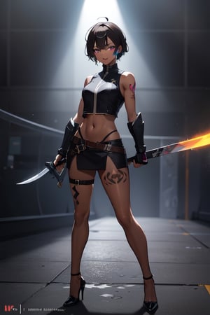 4k ,tall girl ,tom_boy,assassin armour mini skirt,crop tight vest leather brown, oily shiny body, dark skin,short hair black , hidden blade in thigh, legs tattoo ,pretty face ,human_feet,arena background, high_heels,face tattoo
