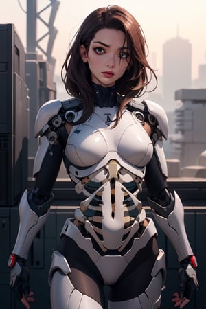 4k,tanned girl,right cyborg arm,left hand tattoo , military_uniform,laer gun,exo skeleton armor