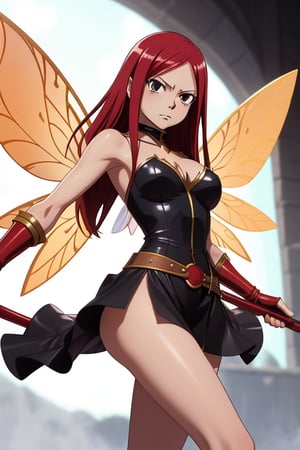 erza scarlet,fairy tail,mini dress amour,shiny dress,warrior,dual spears,metal wings, metal breas plate ,leather skirt , anxious expression,long legs,dense hair