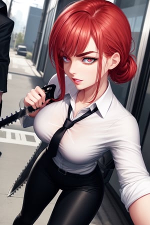 4k , makima ,chainsaw_man,pinkish-red hair ,hair_tied,walking,cold eyes,white shirt,tie, black pants,office shoes,tight_clothing,average_breasts,hypnotizing eyes,detailed face , medium eyebrows,shiny lips