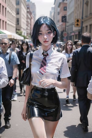 8k, realistic,short blue hair girl, black eyes, medium breasts, slim-thick figure,school_uniforms, pretty face, symmetrical face, symmetrical red lips, small nose, diffrent eye colour , stylish leather skirt , walking in crowded street 