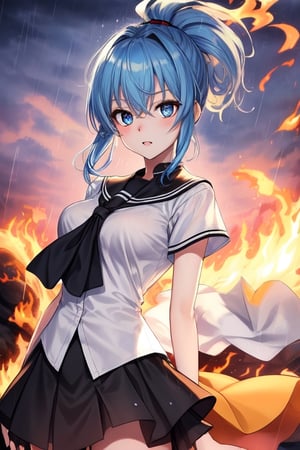 Natsuru Senou ,Kämpfer ,tall girl,blue hair,blue eyes,beautifull eyes,white shirt, untucked shirt,black skirt,long_ponytail,long legs,black shoes, fire ball magic,raining,