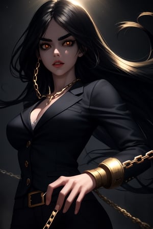 4k, tall girl ,black long hair , chains magic control, realistic,metal  weapons,black trouser ,blazer,beautiful face, black eyes , thick eyebrows, hair_tied,black aura, flying ,golden glowing eyes , 