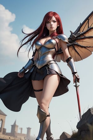 4k, erza scarlet,pretty face,fairy tail,mini dress amour,shiny dress,warrior,dual burning spears,metal wings, metal breast plate ,brown leather skirt , anxious expression,long legs,dense hair,windy,longhair, knight armor shoe,thigh armor 