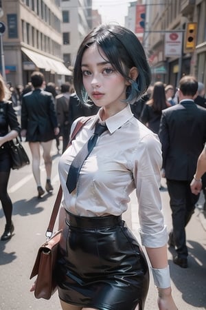 8k, realistic,short blue hair girl, black eyes, medium breasts, slim-thick figure,school_uniforms, pretty face, symmetrical face, symmetrical red lips, small nose, diffrent eye colour , stylish leather skirt , walking in crowded street 