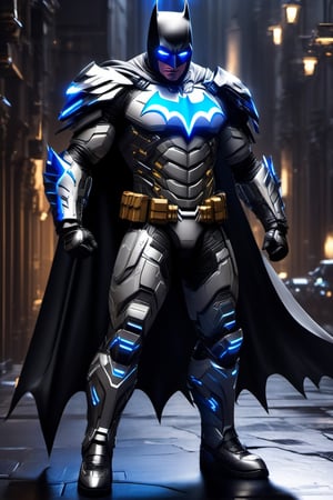 Create a powerful Hi-Tech armour suit, batman white black Hi-Tech armour, glowing blue armour, shining polish armour, less with Hi-Tech tool and weapons, with some Hi-Tech dynamic poses, ,DonMASKTexXL 