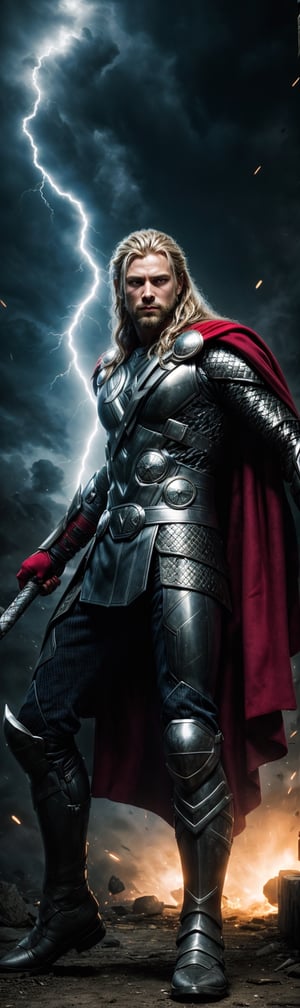  a super high-detailed and realistic image of a Odin-style Thor long blonde hairs with a glowing lightning thunder from her eyes :

"Generate an extraordinary and highly detailed image of a THOR-style knight donning a state-of-the-art Thor in his Outfit that draws inspiration from Thor superhero yet takes it to a new level of high-tech brilliance. This knightly body armor emits a mesmerizing glow, with lightning coursing through its surface, showcasing its incredible technological sophistication.

The knight's powerful physique is accentuated by the Thors , and his body suit incorporates an array of advanced tools and gadgets, all seamlessly integrated. He wears a Hi-Tech helmet, both concealing his identity and offering crucial data through its heads-up display.

In this stunning image, the knight is adorned in the full glory of his Hi-Tech lightning charge thor typical armor, a perfect blend of technology and mystic power. The background should portray a knightly setting, heightening the sense of grandeur and heroism.

With a heroic and dynamic pose, this image should encapsulate the knight's unwavering courage and determination. Every detail, from the intricate spider-like designs on the armor to the crackling energy of the lightning charge, should be meticulously rendered, creating a 4K HDR super high-quality masterpiece that immerses viewers in the thrilling world of this cyberpunk knight." ((Photographic cinematic super high detailed super realistic warrior Thor man knight image)), ((4k HDR super high quality image)), ((masterpiece)), (((full body))), blonde long hair,cloudstick