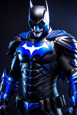 Create a powerful Hi-Tech armour suit,with Nano Technology, Nanotechnology batman  black Hi-Tech armour, glowing blue armour, shining polish armourhigh detail Photo , capture Joker ,with her left hand , choke joker in air ,