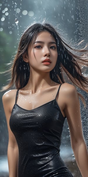 (Best quality, masterpiece), realistic, likereal, form-fitting dress, emphasizes the figure, 1girl, better hands, better fingers, detailed real skin, (((flat breasts))), petite figure, tight things, strong thighs, ((action packed)), fitness body, shape ass,  wide eyes, determined expression, wet hair, dripping drops,
(rainfall), (steam, fog), detailed background, 
,anica_teddy,greg rutkowski,photo r3al