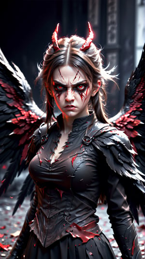 masterpiece, best quality, photorealistic, 8k raw photo, 1girl, fallen angle, black wings, angry face,red eyes torn angle clothes, intricate detaile, detailed background, cinematic lighting, dslr,AngelicStyle,photo r3al,beyond_the_black_rainbow