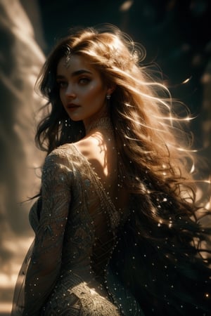 photo of a 21yo girl is standing in the foreground, her behind side to the camera. She is wearing a long, flowing dress that reveals her curves and her body. The dress is made of a sheers material that allows her skin to be seen through, cyberpunk art, gothic art, extremely high quality RAW photograph, detailed background, intricate, Exquisite details and textures, highly detailed, ultra detailed photograph, warm lighting, 4k, sharp focus, high resolution, detailed skin, detailed eyes, 8k uhd, dslr, high quality, film grain,High detailed ,1 girl