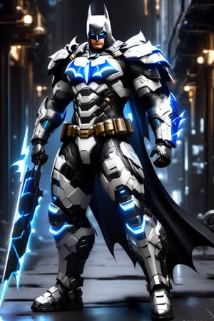 Create a powerful Hi-Tech armour suit, batman white black Hi-Tech armour, glowing blue armour, shining polish armour, less with Hi-Tech tool and weapons, with some Hi-Tech dynamic poses, ,DonMASKTexXL ,mecha