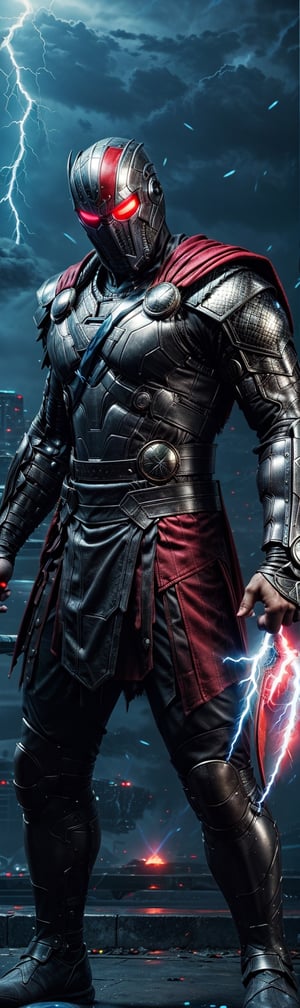  a super high-detailed and realistic image of a cyberpunk-style Thor with a glowing lightning thunder from her eyes :

"Generate an extraordinary and highly detailed image of a cyberpunk-style knight donning a state-of-the-art Thor in his Outfit that draws inspiration from Thor superhero yet takes it to a new level of high-tech brilliance. This knightly body armor emits a mesmerizing glow, with lightning coursing through its surface, showcasing its incredible technological sophistication.

The knight's powerful physique is accentuated by the hi-tech , and his body suit incorporates an array of advanced tools and gadgets, all seamlessly integrated. He wears a Hi-Tech helmet, both concealing his identity and offering crucial data through its heads-up display.

In this stunning image, the knight is adorned in the full glory of his Hi-Tech lightning charge magical armor, a perfect blend of technology and mystic power. The background should portray a knightly setting, heightening the sense of grandeur and heroism.

With a heroic and dynamic pose, this image should encapsulate the knight's unwavering courage and determination. Every detail, from the intricate spider-like designs on the armor to the crackling energy of the lightning charge, should be meticulously rendered, creating a 4K HDR super high-quality masterpiece that immerses viewers in the thrilling world of this cyberpunk knight." ((Photographic cinematic super high detailed super realistic warrior Thor man knight image)), ((4k HDR super high quality image)), ((masterpiece)), (((full body))),kratosGOW_soul3142