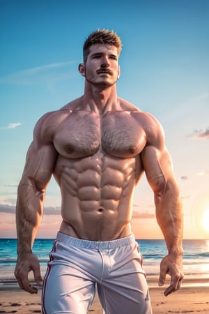 (best quality, high quality):1.4, photo of a handsome very short male hair mustache  hunk wearing male baseball_player  outfit walking at the beach, 25 year old, very thick crooked nose, small pale thin male lips, very long cleft chin, tall, 3d,  ultra short male hair buzzed at sides, very masculine realistic walking movement, masculine male clothes only, tropical beach, sunset, ,davidmarchante person,no_humans