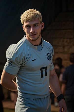 Realistic portrait of a handsome English football player, gazing directly into the camera with piercing blue eyes. Blonde hair and facial hair frame his chiseled features, broad shoulders, and muscular physique. He wears a large football shirt, shoulder pads, and head gear, with wristbands on display. The subject is set against a blurred background of a faded college party scene, complete with balloons and a distant crowd. The atmosphere is vibrant, colorful, and nostalgic, evoking feelings of happiness and nostalgia. Shot in UHD, this exceptional masterpiece is rendered in stunning 70mm depth of field, with a matte finish that accentuates the subject's rugged charm.,Laios Touden