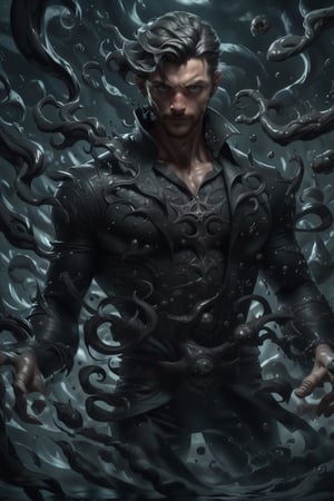 realistic, masterpiece, best quality, natural lighting, soft shadow, insane detail, detailed background, professional photography, depth of field, intricate, detailed face, subsurface scattering, realistic hair, realistic eyes, muscular, masculine, photo of a handsome man, shad0wmancer, (swirling black ink), splashing,  casting spell, (symmetry), evil, ,demonictech, scifi,realhands 3d, ,scifi