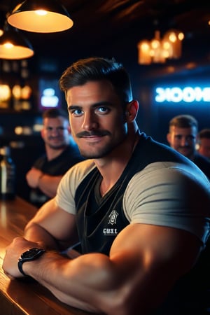 Ollie, a dashing and muscular English man, sits confidently at the pub's wooden bar, his rugged features accentuated by the soft glow of the overhead lighting. His short, dark hair is neatly trimmed, and his brow facial hair adds to his masculine charm. Those piercing blue eyes sparkle as he blushes slightly, his expression warm and inviting. In the background, Ollie's teammates fade into the dimly lit pub atmosphere, their faces obscured by the soft focus. The camera captures every detail with hyper-realistic precision, rendering a photorealistic masterpiece in stunning high-definition.