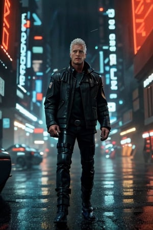 (best quality, high quality):1.3, break, A handsome male android 1man from Blade Runner movie on a cyberpunk crowded street on a rainy night, 27 year old, very short male punk white hair, tall and fit male body, very masculine, best quality male anatomy, realistic male dynamic pose:1.3, dynamic view, break, ultra high res, incredibly absurdres, very clear, real life, photorealistic, epic intricate, cinematic lighting, futuristic colors, blade runner masterpiece, break, (male focus, full height, head and full body in frame, character sharp focus):1.3, break, (new, newest, orginal, best aesthetic, hyper realistic style, cinestill, very clear, smooth), 4k 8k 16k 32k 64k 128k, (RAW, photo), (analog style ((younger)) Rutger Hauer as an android from Blade Runner movie), perfect symmetry, break, (stunning ((handsome)) manly male model), cyberpunk composition, intricate detailed handsome healthy male face, jovial, brave, 500000dpi, 