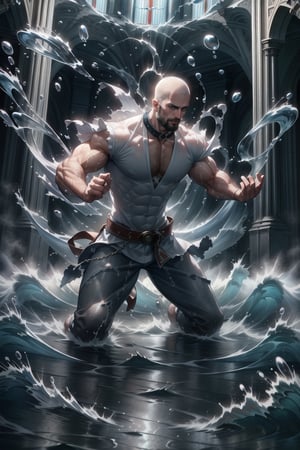 realistic, masterpiece, best quality, natural lighting, soft shadow, insane detail, detailed background, professional photography, depth of field, intricate, detailed face, subsurface scattering, realistic hair, realistic eyes, muscular, masculine, photo of a handsome man, hydr0mancer, water, splashing, hydrokinesis, beard, white hair, casting spell, swirling water magic, water orb, priest vestment, collar, shirt, pants, kneeling, wide shot, indoors, church, stained glass, window, sunlight, (symmetry),hydrotech