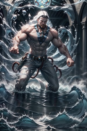 realistic, masterpiece, best quality, natural lighting, soft shadow, insane detail, detailed background, professional photography, depth of field, intricate, detailed face, subsurface scattering, realistic hair, realistic eyes, muscular, masculine, photo of a handsome man, hydr0mancer, water, splashing, hydrokinesis, beard, white hair, casting spell, swirling water magic, water orb, priest vestment, collar, shirt, pants, kneeling, wide shot, indoors, church, stained glass, window, sunlight, (symmetry),hydrotech