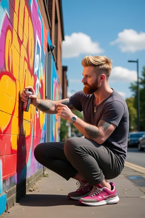 Daniel, the dashing British male punk, exudes rebellious energy as he paints the vibrant wall of a London road in bold colors. He wears a baggy Chav shirt and matching pants, sneakers on his feet, and sports a pale blonde short haircut with facial hair. Focused intently, Daniel sprays graffiti with skillful precision, surrounded by the warmth of a sunny day. The depth of field is sharp, with a majestic sky above, radiating good vibes and artistic flair. This masterpiece is an exceptional original, showcasing Daniel's joyous and vibrant UHD-worthy creation.