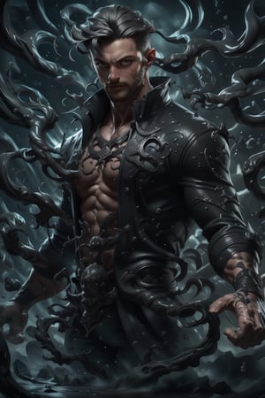 realistic, masterpiece, best quality, natural lighting, soft shadow, insane detail, detailed background, professional photography, depth of field, intricate, detailed face, subsurface scattering, realistic hair, realistic eyes, muscular, masculine, photo of a handsome man, shad0wmancer, (swirling black ink), splashing,  casting spell, (symmetry), evil, ,demonictech, scifi,realhands 3d, 