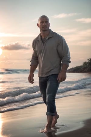 (best quality, high quality):1.4, photo of a handsome very buzzed short male hair mustache  hunk walking at the beach, 27 year old, very thick crooked nose, small pale thin male lips, very long cleft chin, tall, 3d,  ultra short buzzed hair, very masculine realistic walking movement, masculine male clothes only, tropical beach, sunset, 