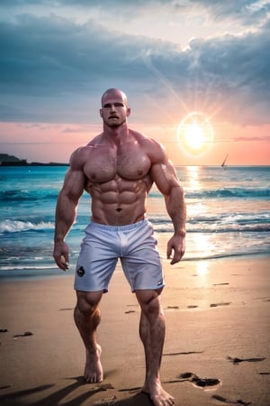 (best quality, high quality):1.4, photo of a handsome very short male hair mustache  hunk wearing male baseball_player  outfit walking at the beach, 25 year old, very thick crooked nose, small pale thin male lips, very long cleft chin, tall, 3d,  ultra short male hair buzzed at sides, very masculine realistic walking movement, masculine male clothes only, tropical beach, sunset, ,davidmarchante person,no_humans