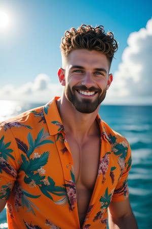 A handsome Brazilian masculine man with curly short hair and a striking long braided beard adorned with a plastic earlobe piercing. He sports a vibrant Hawaiian shirt and showcases his muscular physique, with sun-kissed skin glowing under the radiant green eyes. Captured in mid-selfie on his iPhone, he exudes confidence while basking in the warm summer sunlight. Against a majestic ocean backdrop, the alluring sky creates a stunning depth of field, drawing the viewer's gaze to the subject.