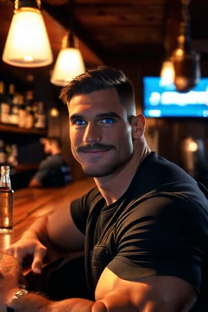 Ollie, a dashing and muscular English man, sits confidently at the pub's wooden bar, his rugged features accentuated by the soft glow of the overhead lighting. His short, dark hair is neatly trimmed, and his brow facial hair adds to his masculine charm. Those piercing blue eyes sparkle as he blushes slightly, his expression warm and inviting. In the background, Ollie's teammates fade into the dimly lit pub atmosphere, their faces obscured by the soft focus. The camera captures every detail with hyper-realistic precision, rendering a photorealistic masterpiece in stunning high-definition.