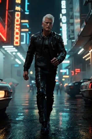 (best quality, high quality):1.3, break, A handsome male android 1man wearing cyberpunk male gym clothes from Blade Runner movie RUNNING on a cyberpunk crowded street on a rainy night, 27 year old, very short male punk white hair, tall and fit male body, very masculine, best quality male anatomy, realistic running movement, dynamic view, break, (high action movie, real action, complex, very cinematic), ultra high res, incredibly absurdres, very clear, real life, photorealistic, epic intricate, cinematic lighting, futuristic colors, blade runner masterpiece, break, (male focus, full height, head and full body in frame, character sharp focus):1.3, break, (new, newest, orginal, best aesthetic, hyper realistic style, cinestill, very clear, smooth), 4k 8k 16k 32k 64k 128k, (RAW, photo), (analog style ((younger)) Rutger Hauer as an android from Blade Runner movie), perfect symmetry, break, (stunning ((handsome)) manly male model), cyberpunk composition, intricate detailed handsome healthy male face, jovial, brave, 500000dpi, 